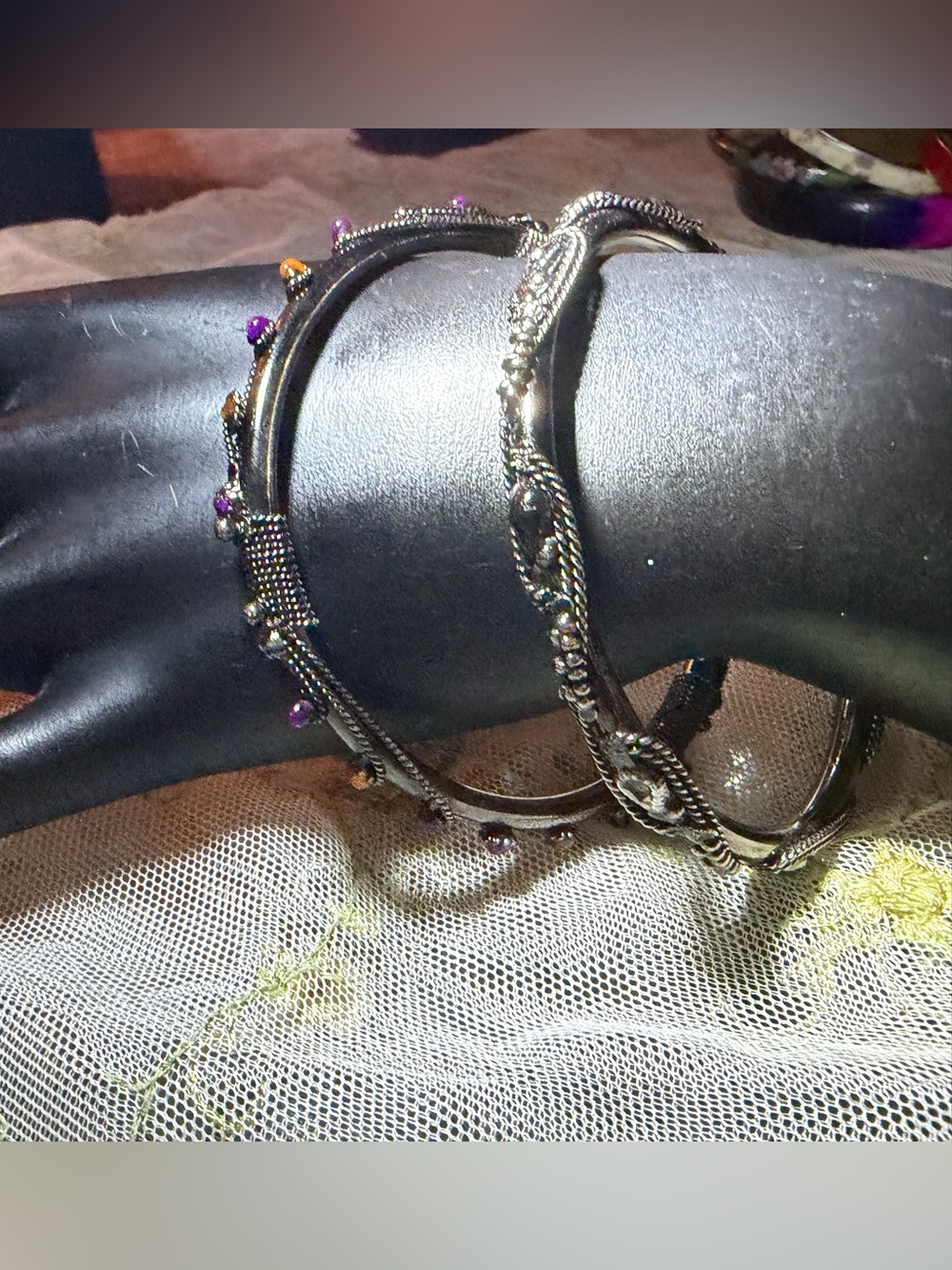 Vintage Gothic Twisted Metal and Jeweled Bangle Bracelet set